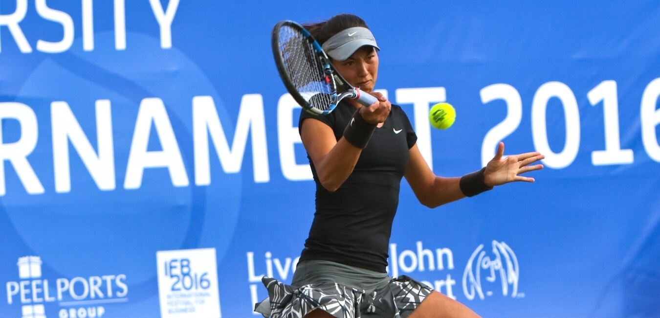 Melanie Stokke playing at the Liverpool International Tennis Tournament
