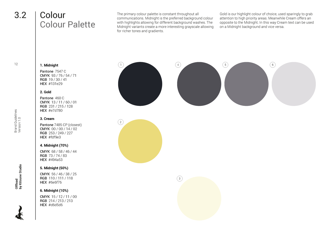 Brand colours for Offload from the brand guidelines Kitsune created.