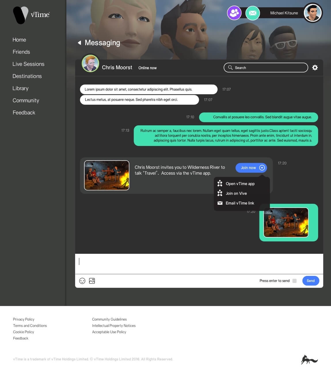 Messaging area page design for use in the vTime dashboard area